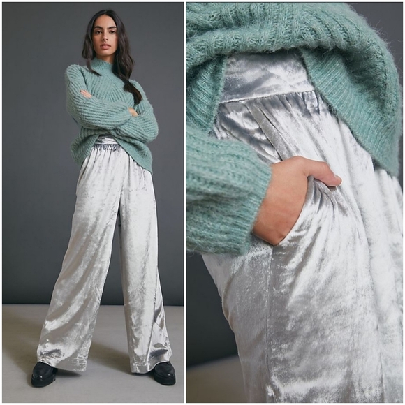 Anthropologie Maeve Anastacia Velvet Wide-Leg Metalic Silver Pants - Picture 1 of 15